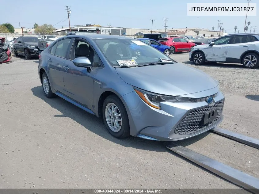 2021 Toyota Corolla Hybrid Le VIN: JTDEAMDE0MJ031877 Lot: 40344024