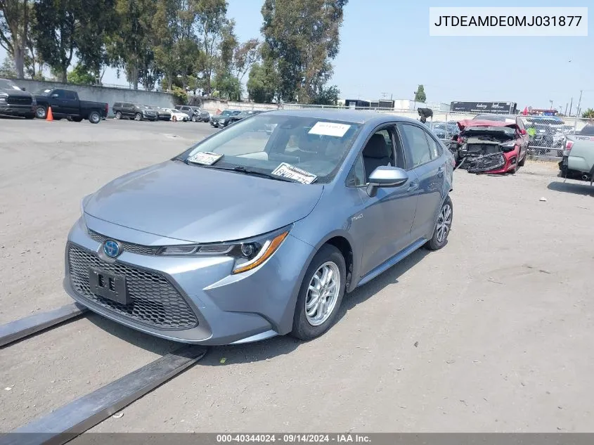 2021 Toyota Corolla Hybrid Le VIN: JTDEAMDE0MJ031877 Lot: 40344024