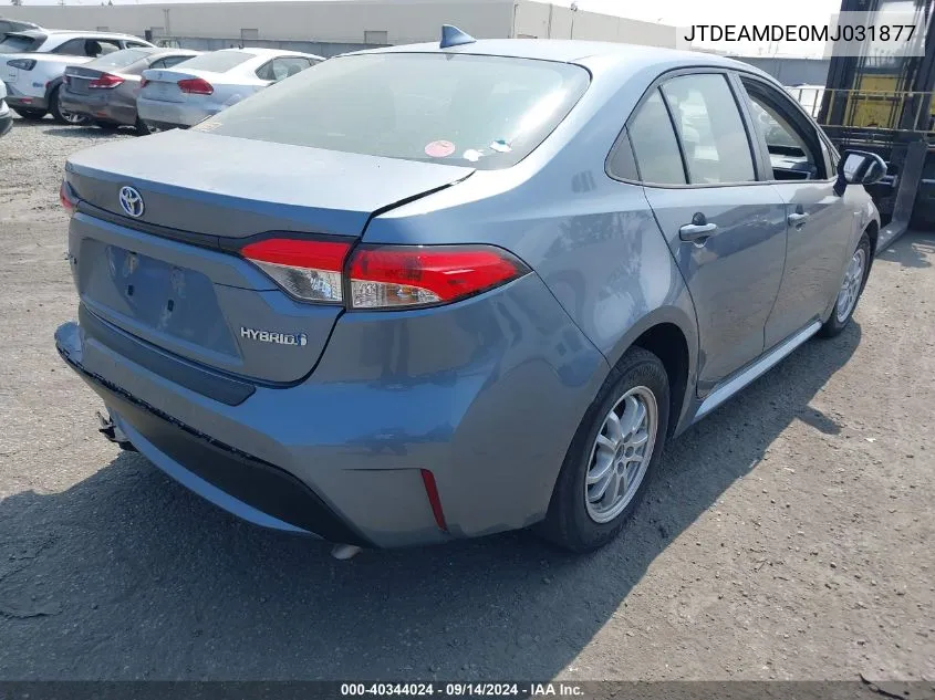 2021 Toyota Corolla Hybrid Le VIN: JTDEAMDE0MJ031877 Lot: 40344024