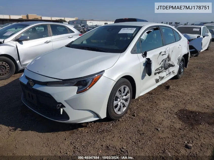 2021 Toyota Corolla Le VIN: JTDEPMAE7MJ178751 Lot: 40347884