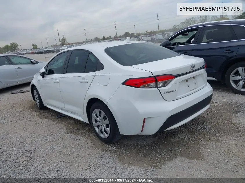 2021 Toyota Corolla Le VIN: 5YFEPMAE8MP151795 Lot: 40352644