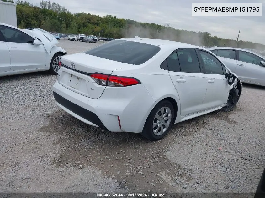 2021 Toyota Corolla Le VIN: 5YFEPMAE8MP151795 Lot: 40352644