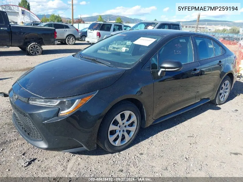 2021 Toyota Corolla Le VIN: 5YFEPMAE7MP259194 Lot: 40439492