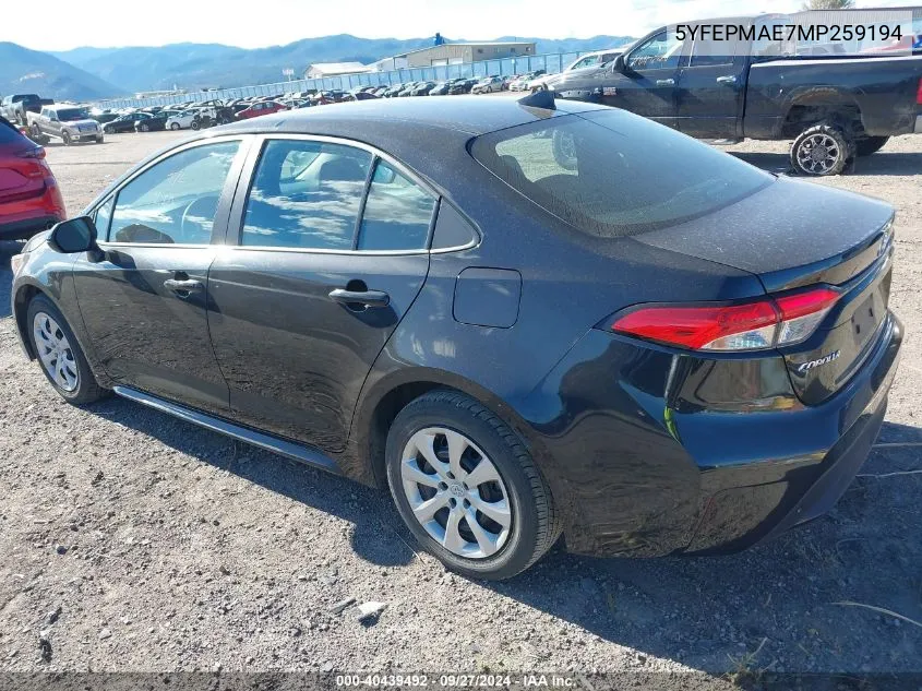 2021 Toyota Corolla Le VIN: 5YFEPMAE7MP259194 Lot: 40439492