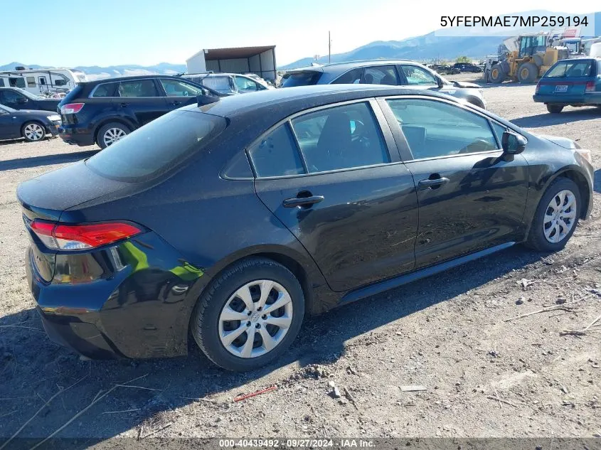 2021 Toyota Corolla Le VIN: 5YFEPMAE7MP259194 Lot: 40439492