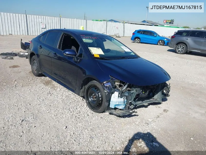 JTDEPMAE7MJ167815 2021 Toyota Corolla Le