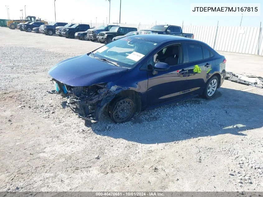 JTDEPMAE7MJ167815 2021 Toyota Corolla Le