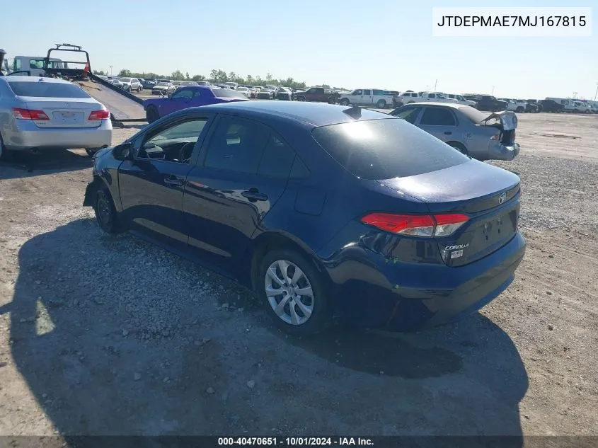 JTDEPMAE7MJ167815 2021 Toyota Corolla Le