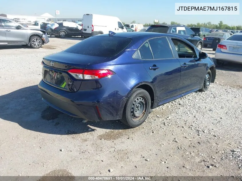 2021 Toyota Corolla Le VIN: JTDEPMAE7MJ167815 Lot: 40470651