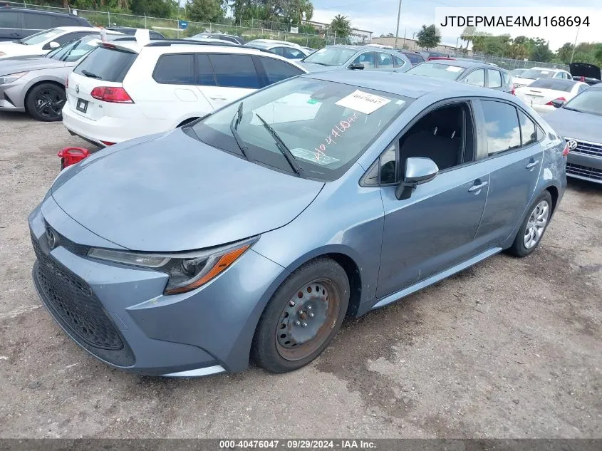 2021 Toyota Corolla Le VIN: JTDEPMAE4MJ168694 Lot: 40476047