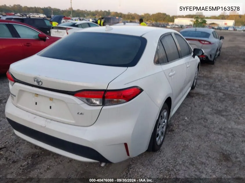 2021 Toyota Corolla Le VIN: 5YFEPMAE5MP163578 Lot: 40476088