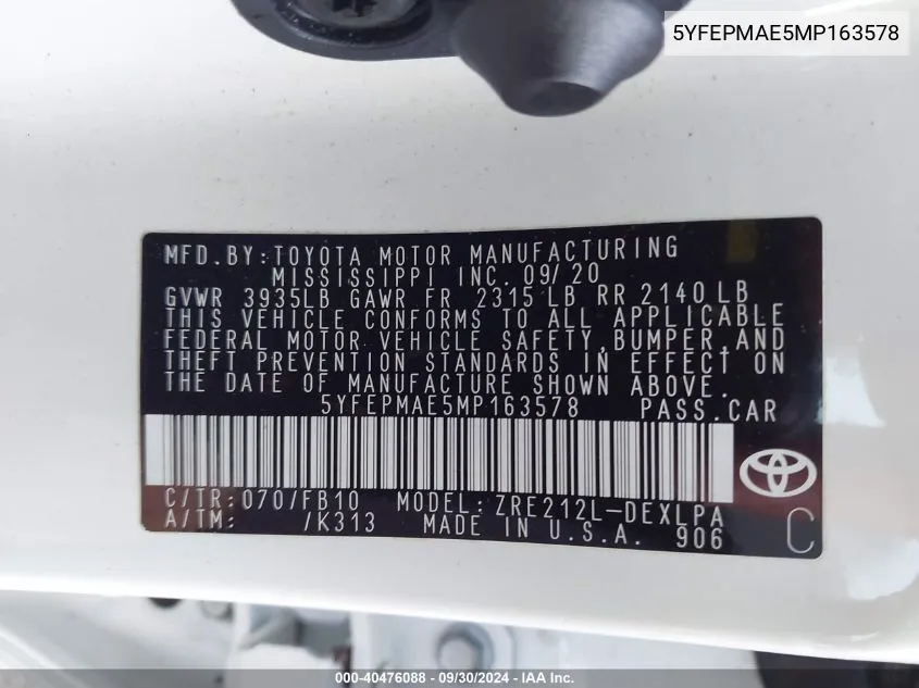 5YFEPMAE5MP163578 2021 Toyota Corolla Le