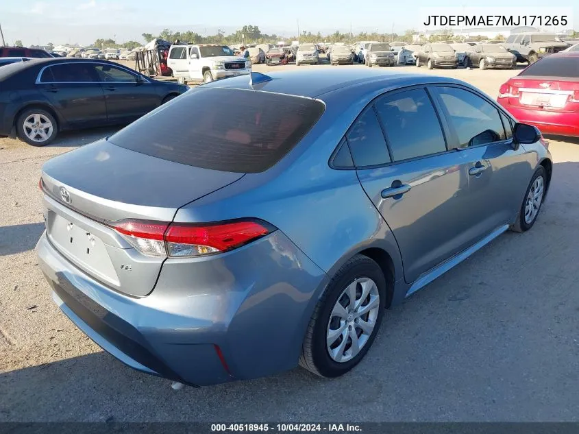 2021 Toyota Corolla Le VIN: JTDEPMAE7MJ171265 Lot: 40518945