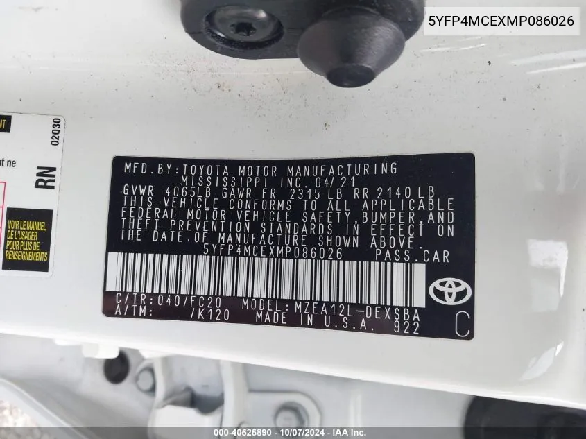 5YFP4MCEXMP086026 2021 Toyota Corolla Se