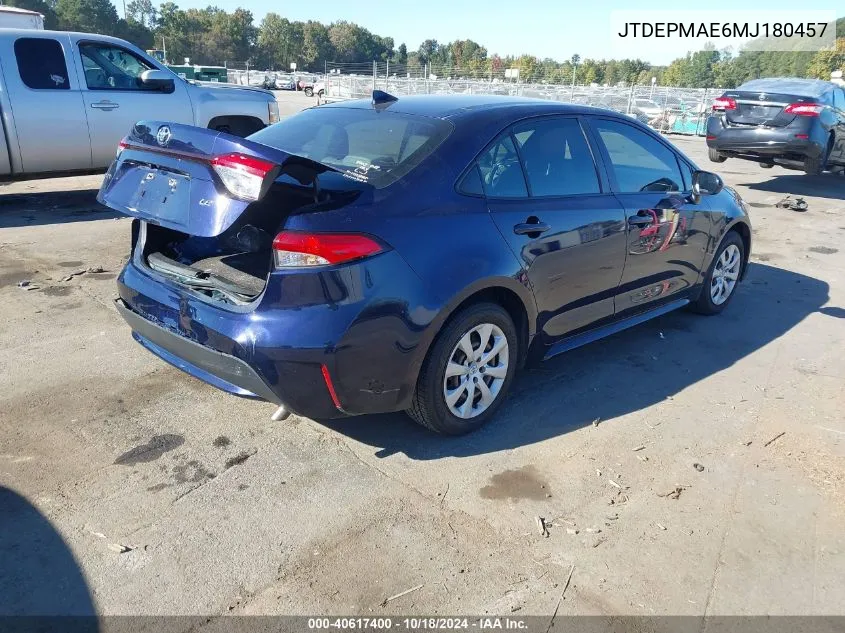 2021 Toyota Corolla Le VIN: JTDEPMAE6MJ180457 Lot: 40617400