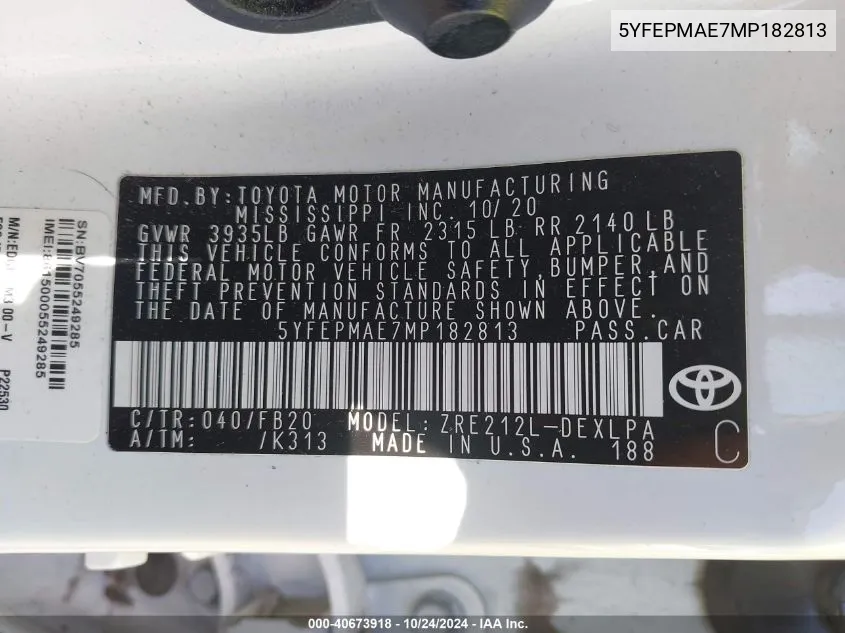 5YFEPMAE7MP182813 2021 Toyota Corolla Le