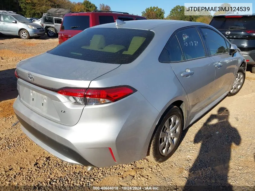 JTDEPMAE3MJ124539 2021 Toyota Corolla Le