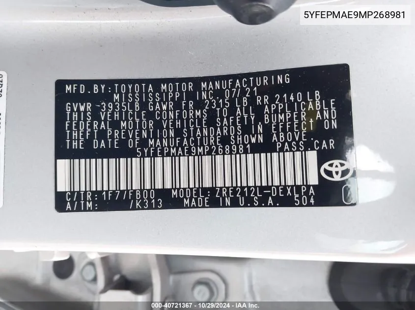 5YFEPMAE9MP268981 2021 Toyota Corolla Le