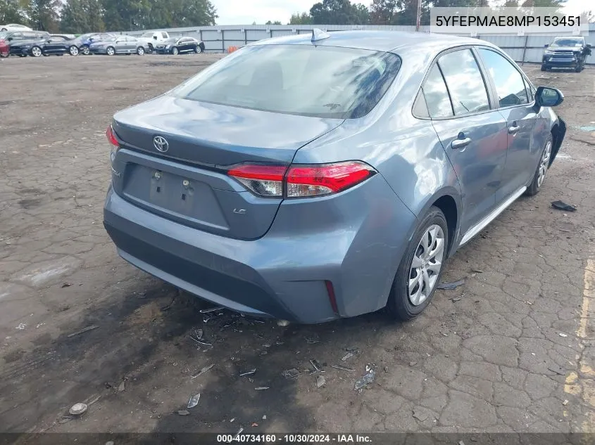 2021 Toyota Corolla Le VIN: 5YFEPMAE8MP153451 Lot: 40734160