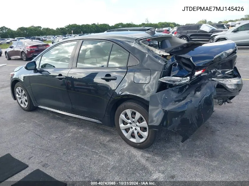 2021 Toyota Corolla Le VIN: JTDEPMAE7MJ145426 Lot: 40743565