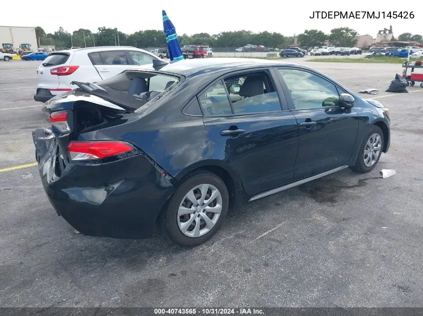 2021 Toyota Corolla Le VIN: JTDEPMAE7MJ145426 Lot: 40743565