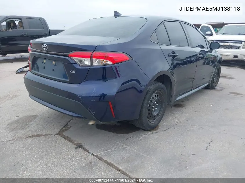 JTDEPMAE5MJ138118 2021 Toyota Corolla Le