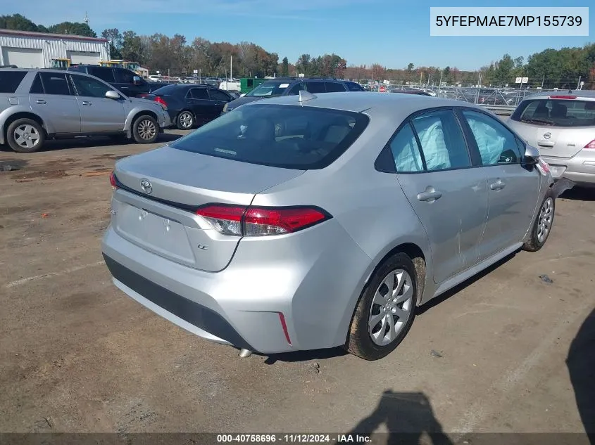 2021 Toyota Corolla Le VIN: 5YFEPMAE7MP155739 Lot: 40758696