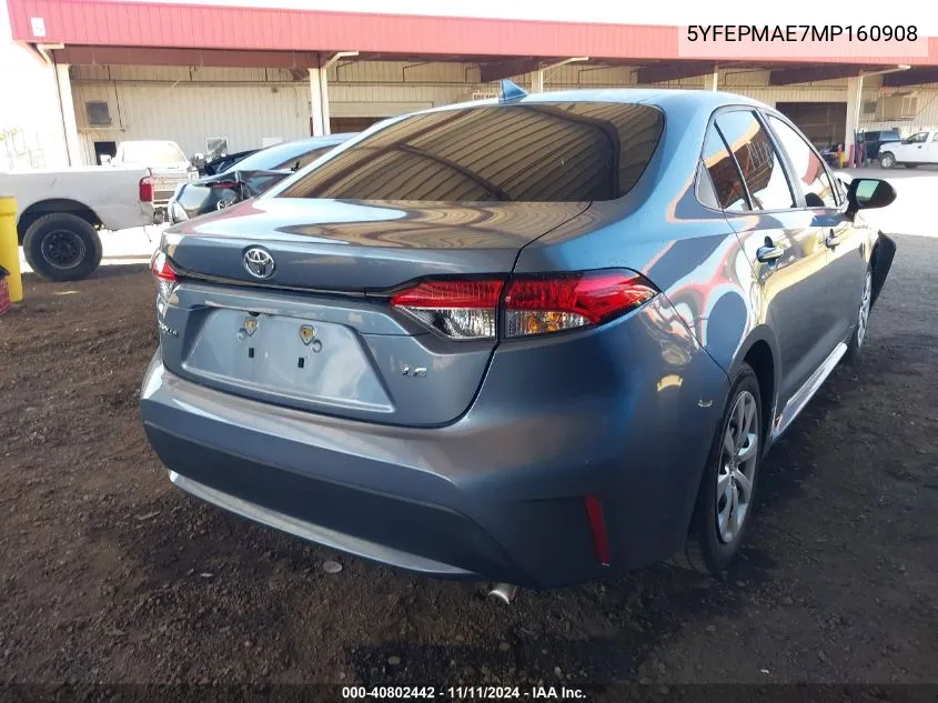 2021 Toyota Corolla Le VIN: 5YFEPMAE7MP160908 Lot: 40802442