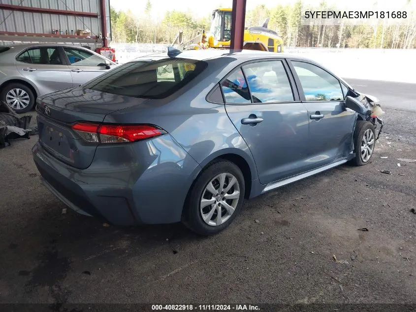 2021 Toyota Corolla Le VIN: 5YFEPMAE3MP181688 Lot: 40822918