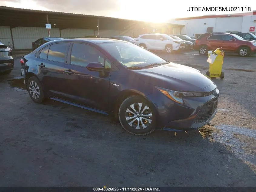 2021 Toyota Corolla Hybrid Le VIN: JTDEAMDE5MJ021118 Lot: 40826026