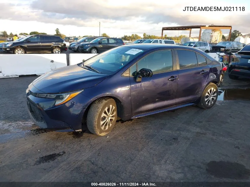 2021 Toyota Corolla Hybrid Le VIN: JTDEAMDE5MJ021118 Lot: 40826026