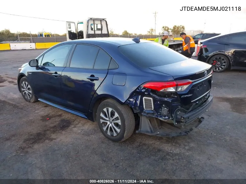 2021 Toyota Corolla Hybrid Le VIN: JTDEAMDE5MJ021118 Lot: 40826026