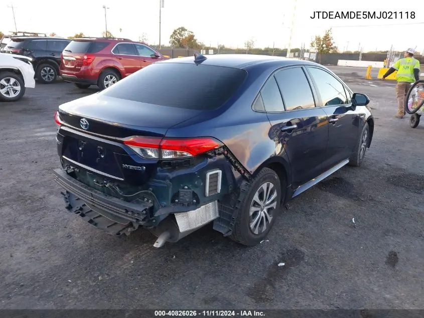 2021 Toyota Corolla Hybrid Le VIN: JTDEAMDE5MJ021118 Lot: 40826026