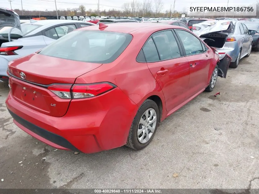 2021 Toyota Corolla Le VIN: 5YFEPMAE8MP186756 Lot: 40829848