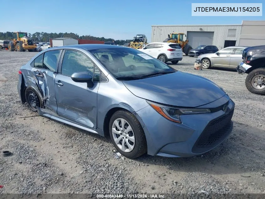 2021 Toyota Corolla Le VIN: JTDEPMAE3MJ154205 Lot: 40843449