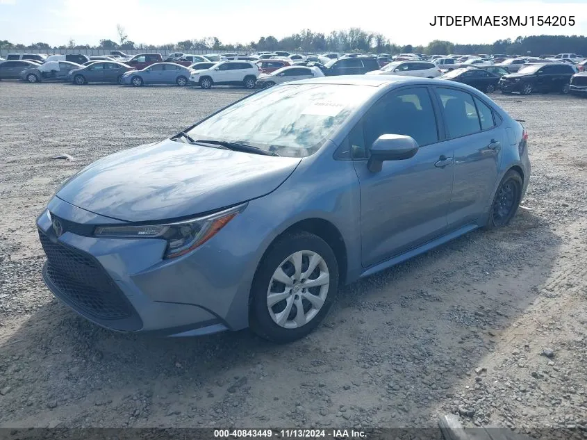 2021 Toyota Corolla Le VIN: JTDEPMAE3MJ154205 Lot: 40843449