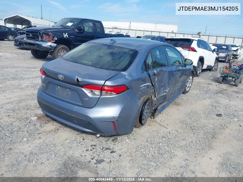 2021 Toyota Corolla Le VIN: JTDEPMAE3MJ154205 Lot: 40843449