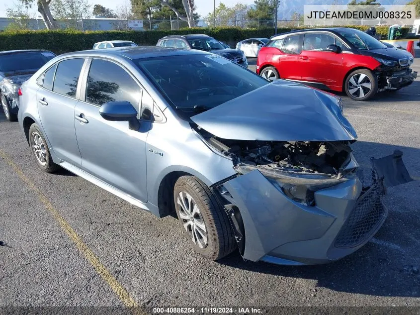 2021 Toyota Corolla Hybrid Le VIN: JTDEAMDE0MJ008325 Lot: 40886254