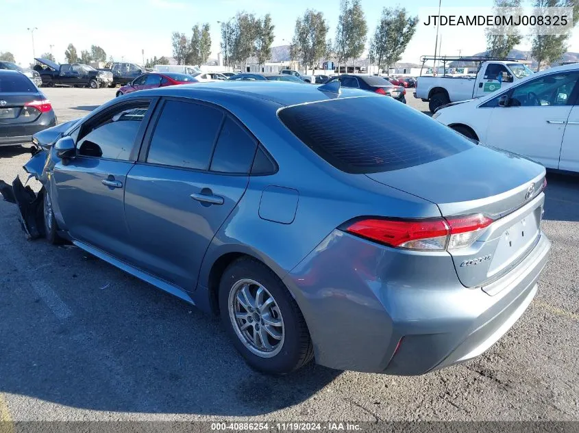 2021 Toyota Corolla Hybrid Le VIN: JTDEAMDE0MJ008325 Lot: 40886254