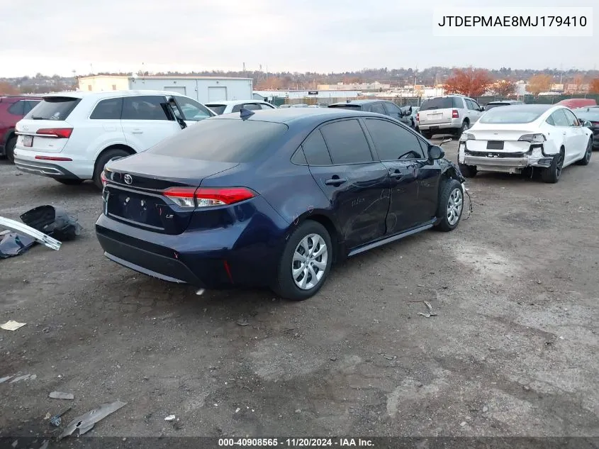 2021 Toyota Corolla Le VIN: JTDEPMAE8MJ179410 Lot: 40908565