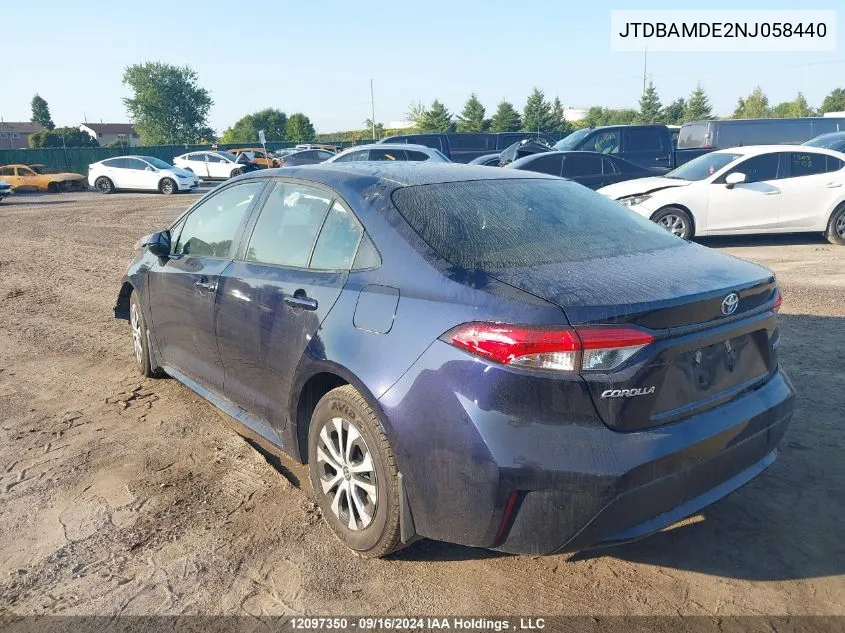 2022 Toyota Corolla Hybrid Base W/Li Battery VIN: JTDBAMDE2NJ058440 Lot: 12097350