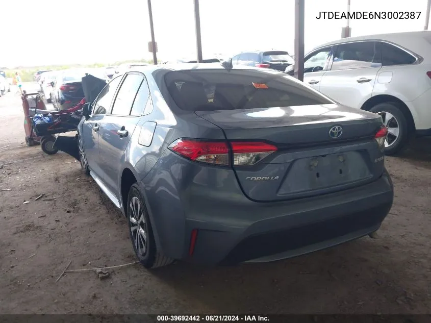 2022 Toyota Corolla Hybrid Le VIN: JTDEAMDE6N3002387 Lot: 39692442