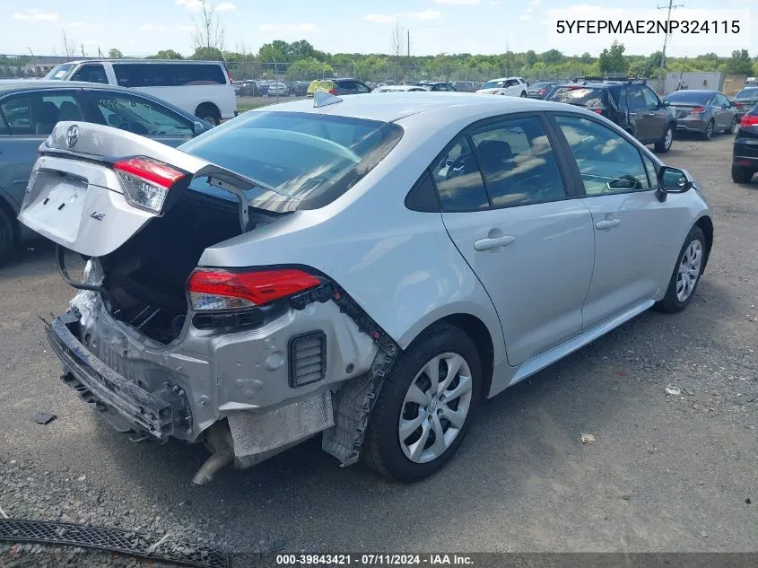 2022 Toyota Corolla Le VIN: 5YFEPMAE2NP324115 Lot: 39843421