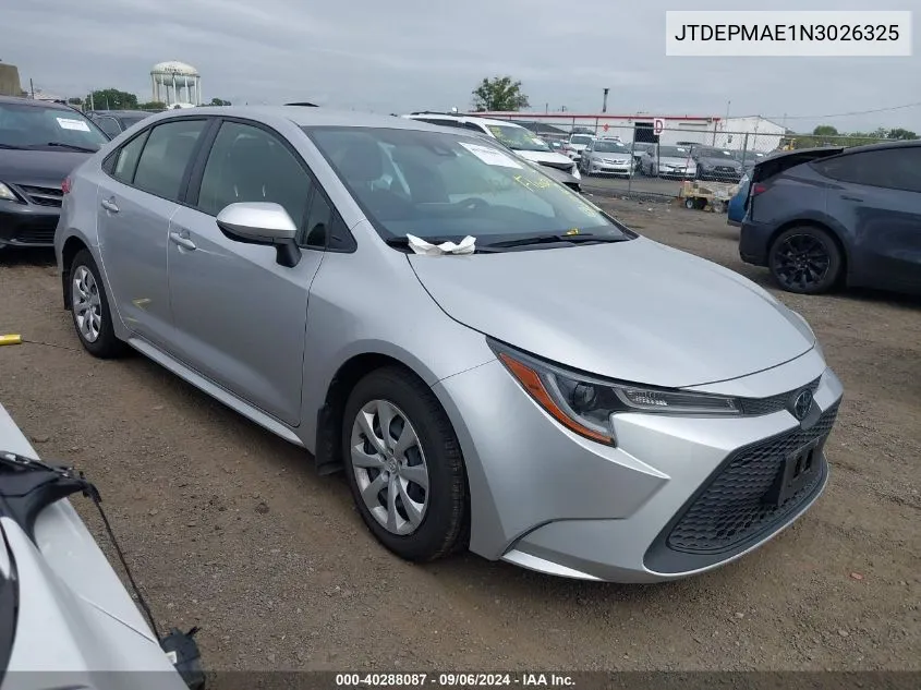 2022 Toyota Corolla Le VIN: JTDEPMAE1N3026325 Lot: 40288087