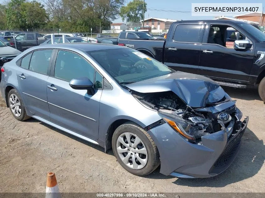 2022 Toyota Corolla Le VIN: 5YFEPMAE9NP314407 Lot: 40297998