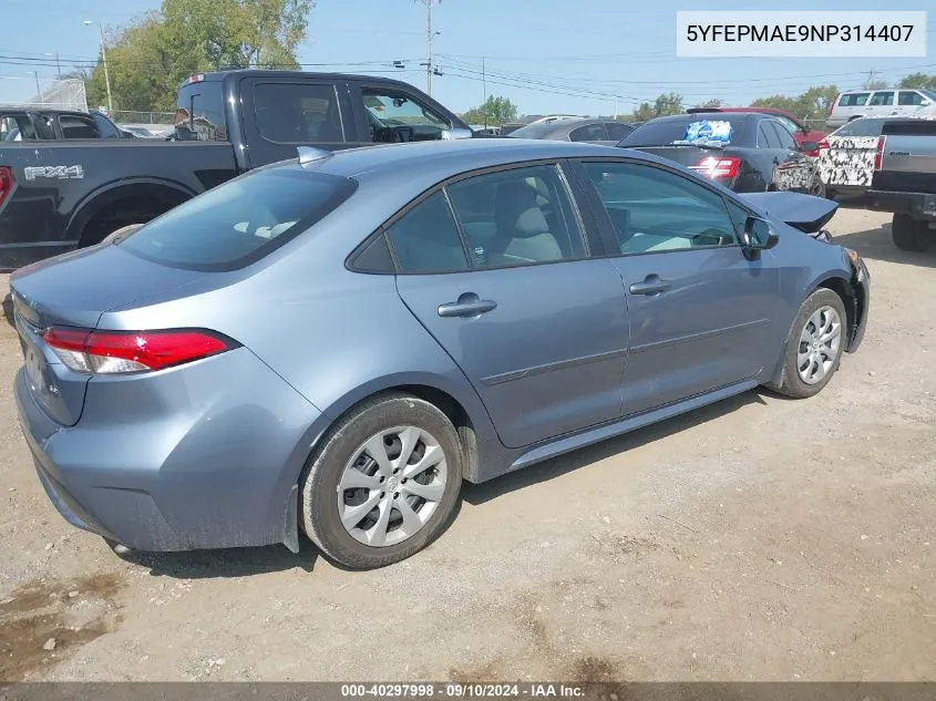 2022 Toyota Corolla Le VIN: 5YFEPMAE9NP314407 Lot: 40297998