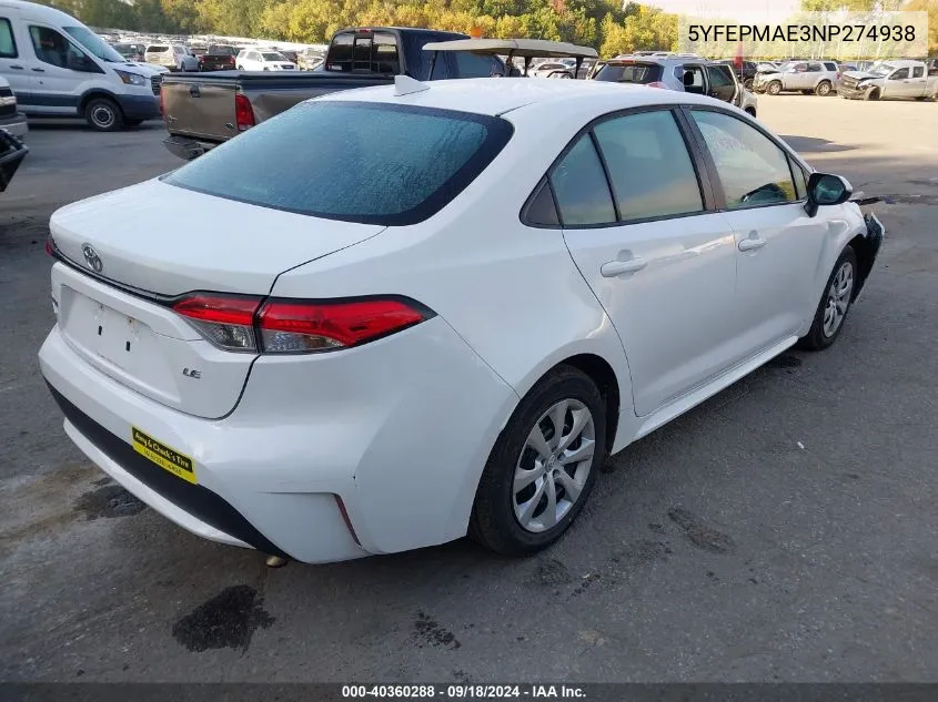 2022 Toyota Corolla Le VIN: 5YFEPMAE3NP274938 Lot: 40360288