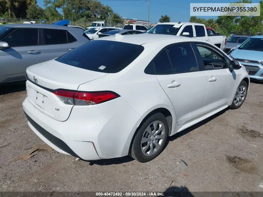 2022 Toyota Corolla Le VIN: 5YFEPMAE0NP355380 Lot: 40472492