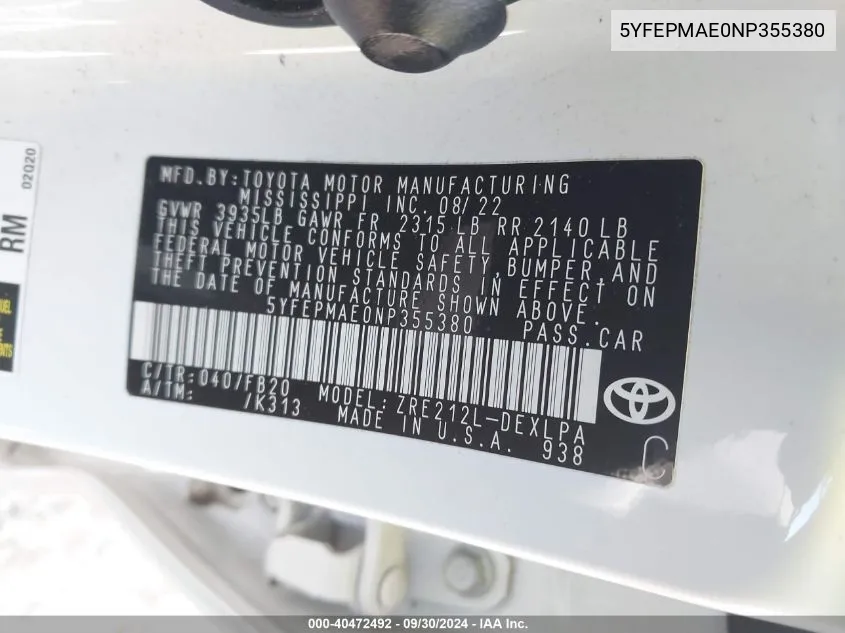 5YFEPMAE0NP355380 2022 Toyota Corolla Le