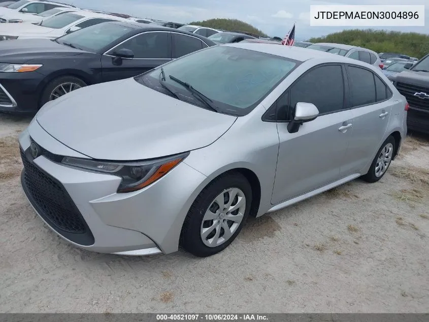 2022 Toyota Corolla Le VIN: JTDEPMAE0N3004896 Lot: 40521097